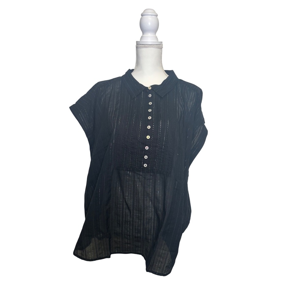Lucky Brand Women's 99% Cotton Sheer Black Short Sleeve Half Button Up Size XXL